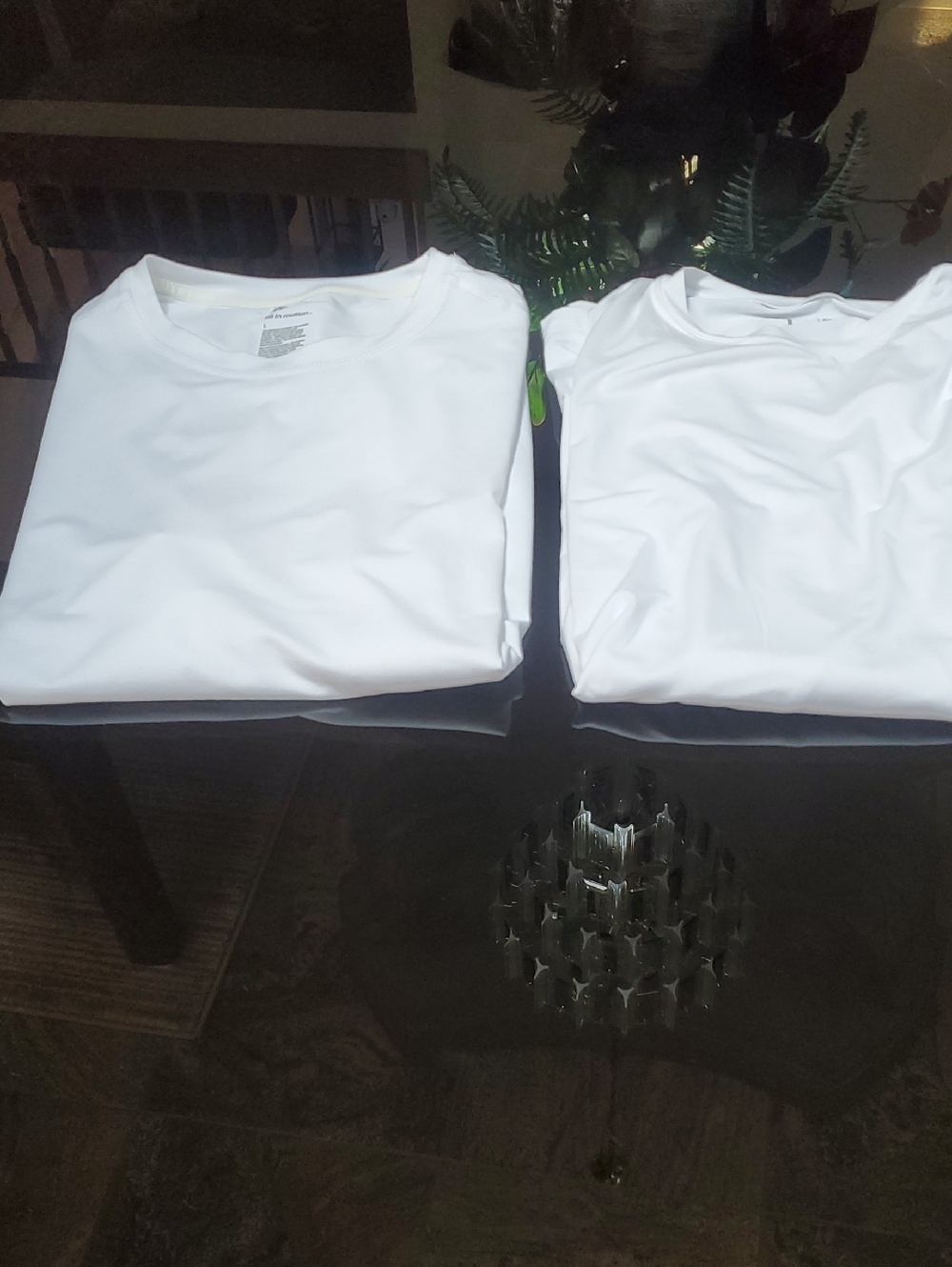 2 new White Size L men's Poly Spandex shirts 1 Lg Slv 1 St Slv
